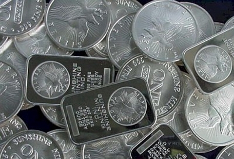moedas e barras de prata